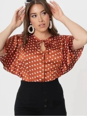 Unique Vintage Cecilia Blouse in Rust Polka-Dot